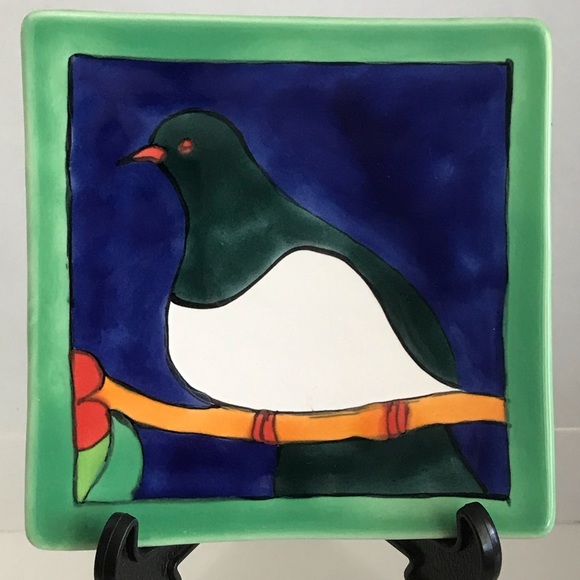 Hand Painted Bird on a Branch 5" Ceramic Square Trinket Dish Signed - Picture 1 of 8